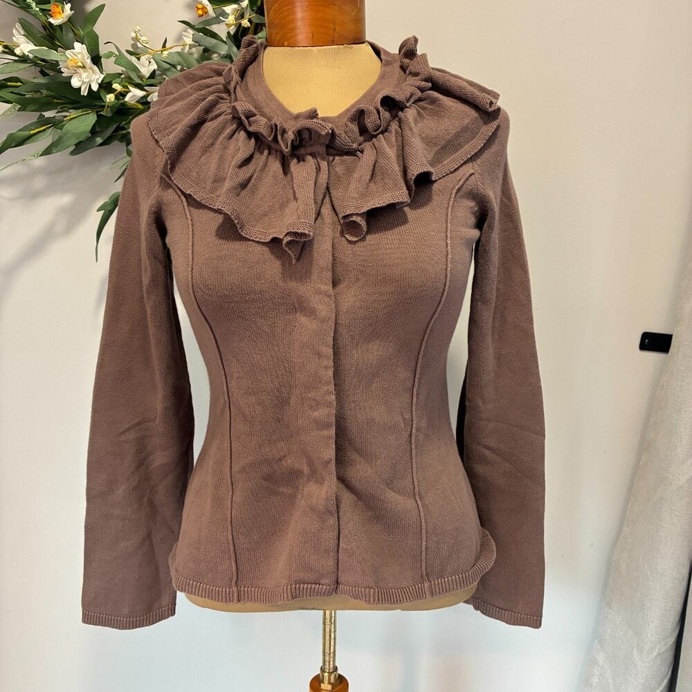 Anthropologie Moth Ruffle Collar Cardigan Brown Knit Sweater Cottagecore Y2K, S